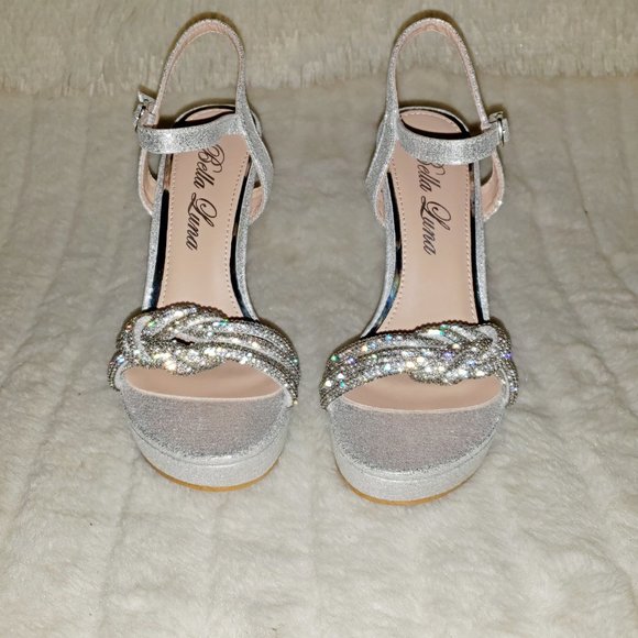 Gorgeous Silver Shimmery Platform Rhinestone High Heel Sandals Shoes - Picture 11 of 13